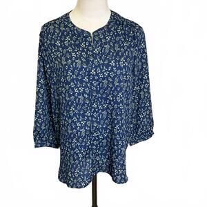 Jachs Girlfriend New York Women's L Blue Floral Tunic Top Blouse 3/4 Sleeve
